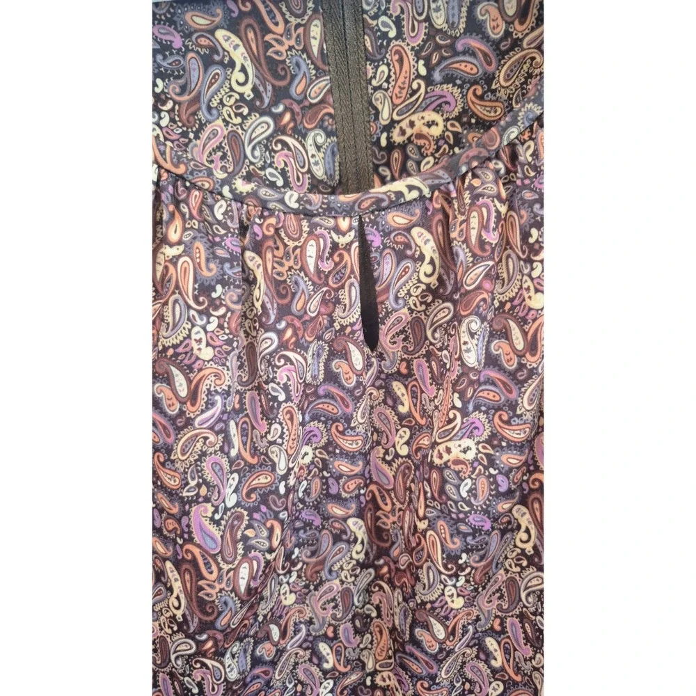 Handmade Vintage Paisley Print Long Sleeve‎ Midi Dress Ruffle Hem Mauve Purple M